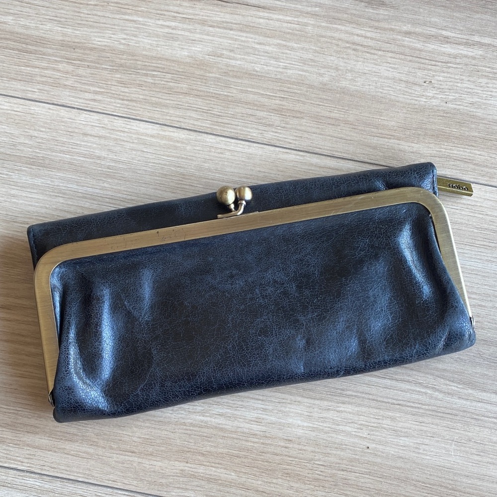 HOBO Black Leather Clutch with Gold Frame